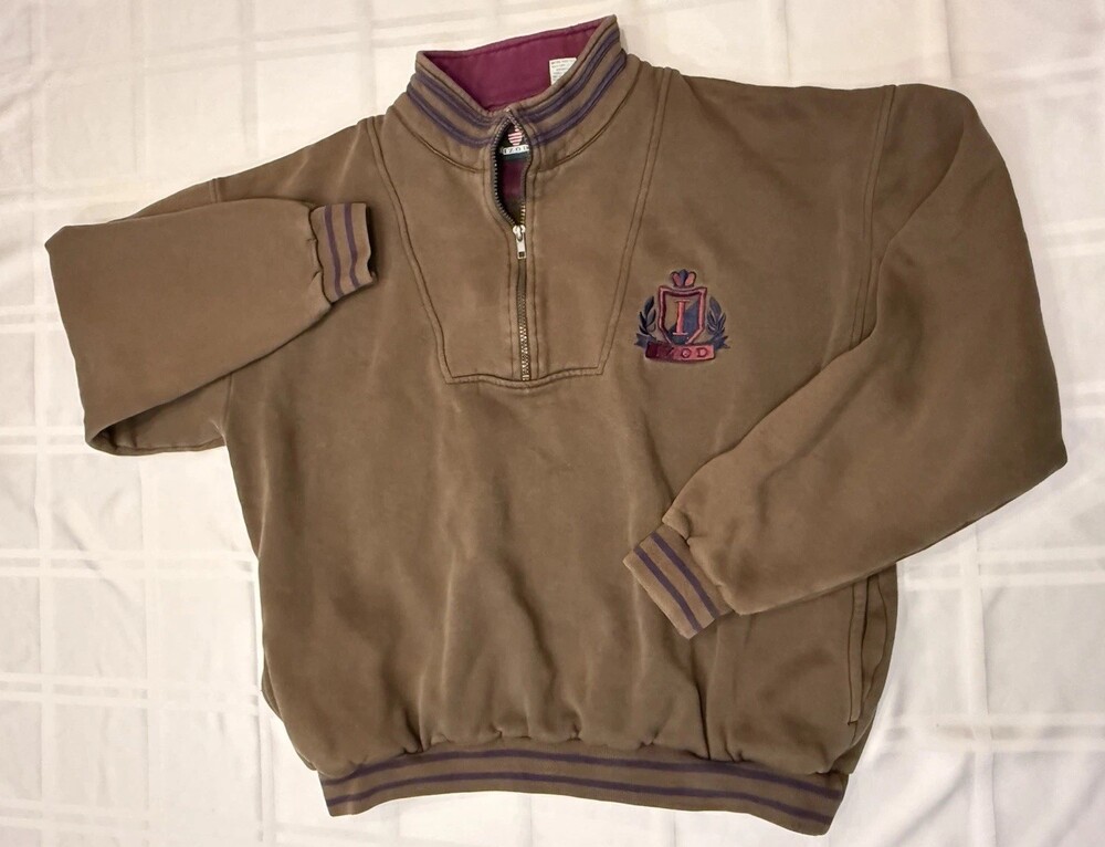 Vintage 90s IZOD Quarter Zip Sweatshirt Men's L Crest Embroidered Brown Purple